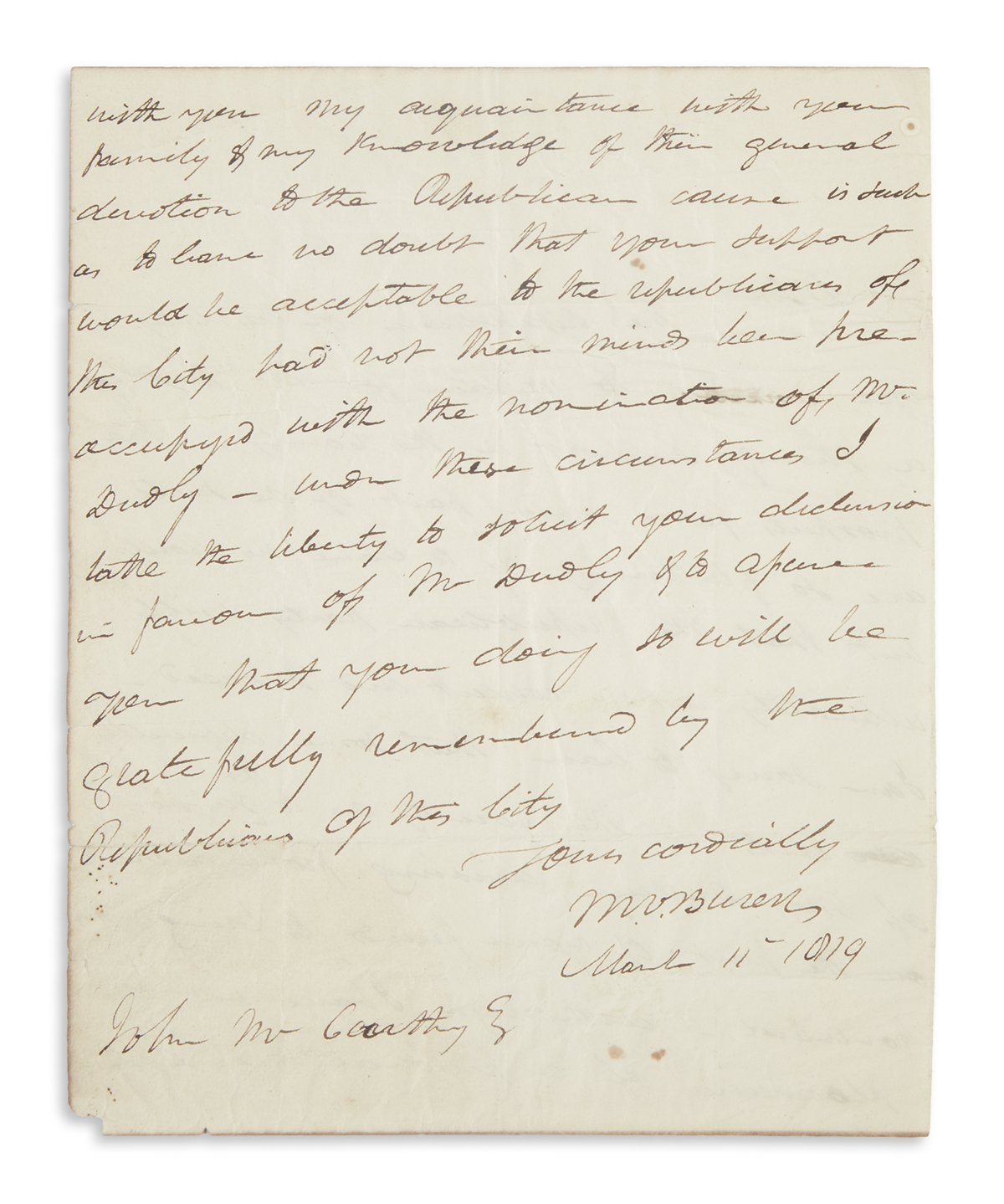 VAN BUREN, MARTIN. Autograph Letter Signed, MVBuren, as NY Attorney General, to John McCarthy,